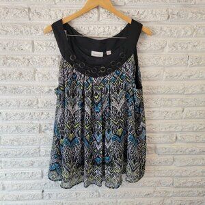 Avenue Womens Top 18 20 Plus Sleeveless Black Blue Geometric Sheer GEO120E